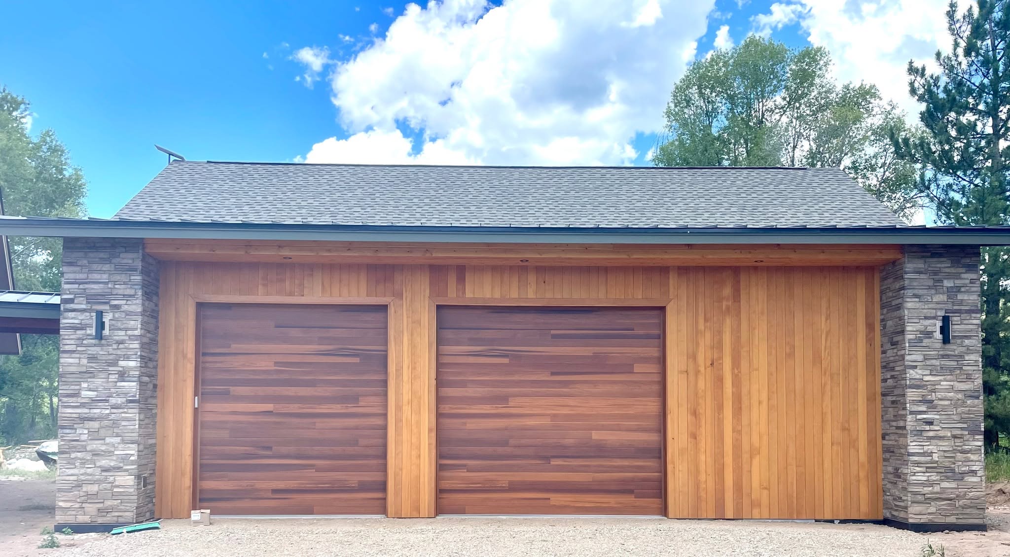 Wood-clad garage elevation