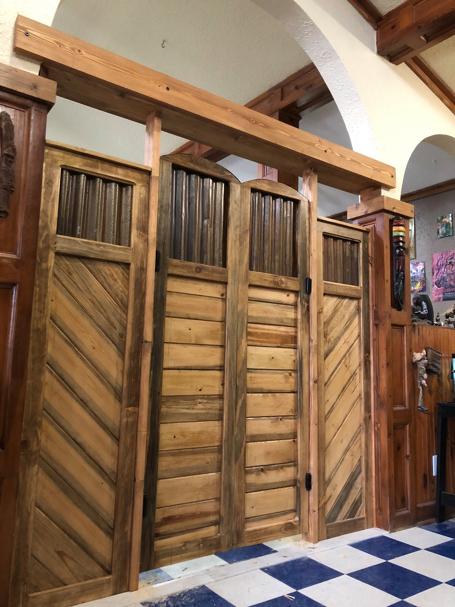 Custom rustic wood and corrugated metal partitions
